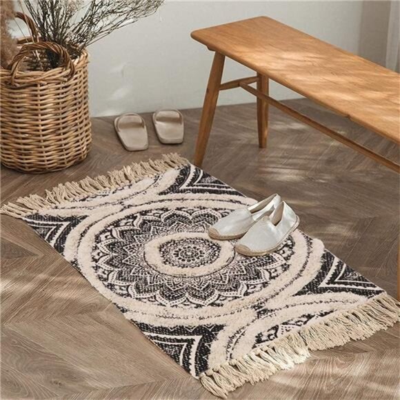 Cotton Rug, 2X3 Black Mandala Boho Rug, Hand Woven Bohemian Throw Rugs - Picture 1 of 7